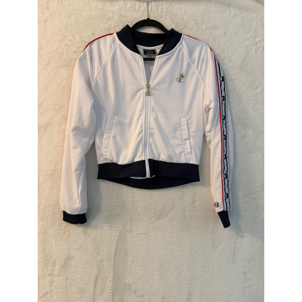 Champion Womens Track Jacket White Navy Red Logo Tape Full Zip Small JL818 WAD